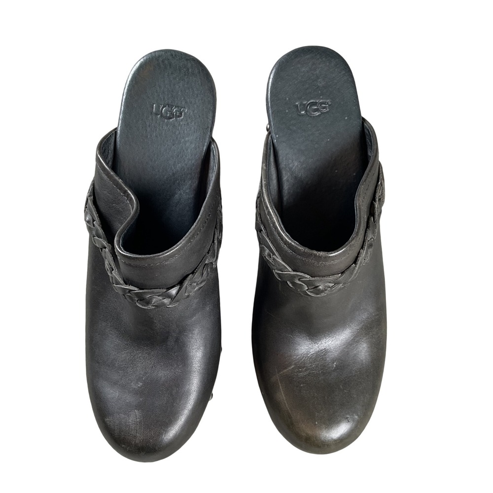 UGG Kaylee Clogs Womens 10 Black Leather Braided Studded Wooden Heel Mules 3206